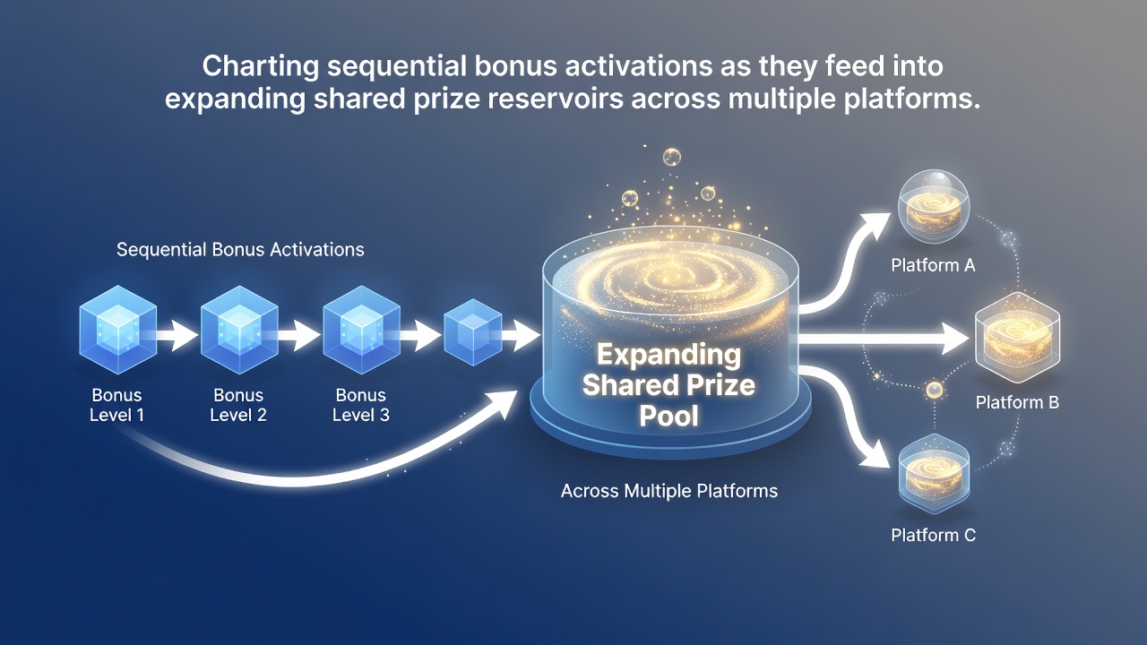 Illustration of cross-platform slot networks with bonus sequences feeding shared prize pools
