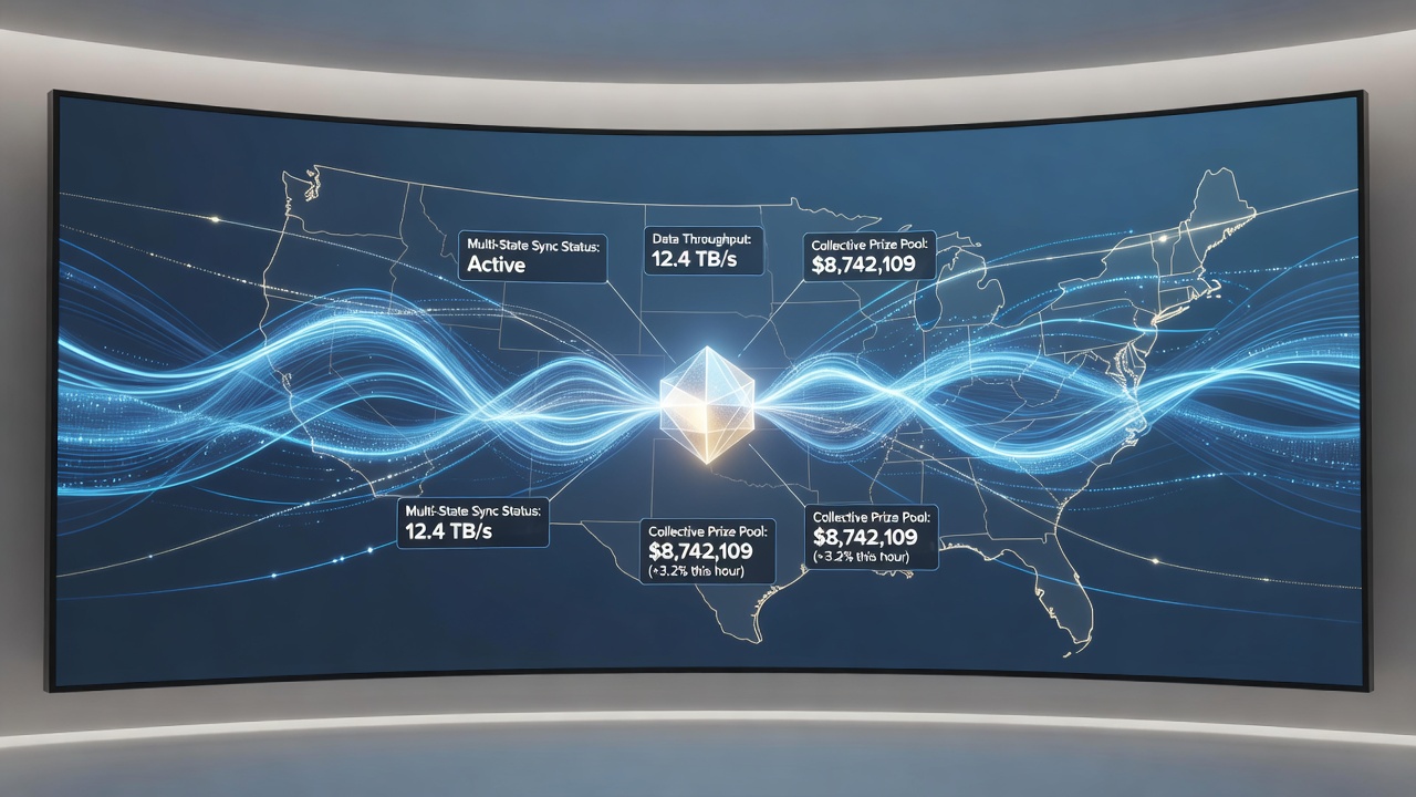 Dashboard interface displaying real-time prize pool growth metrics across connected gaming platforms in different states