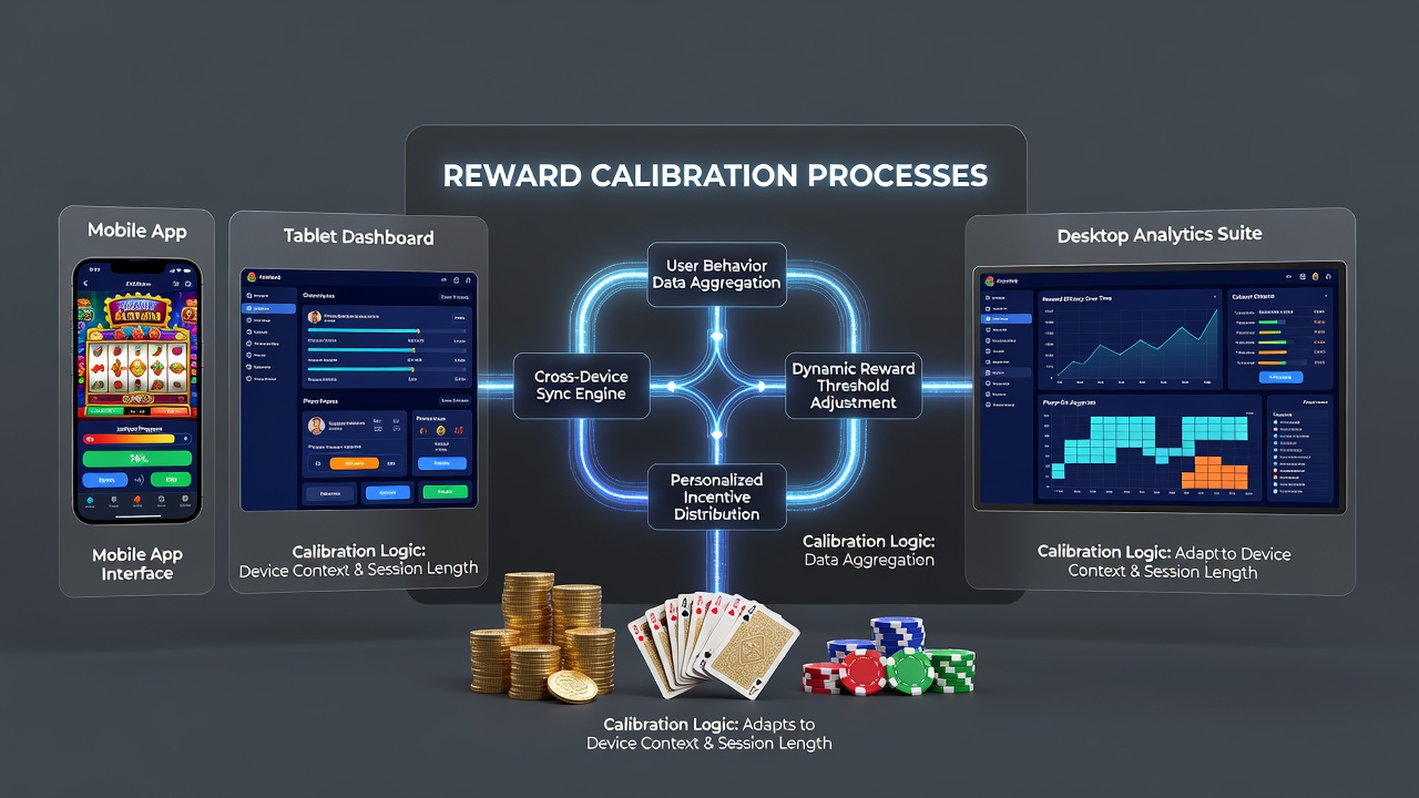 Network diagram illustrating how calibrated rewards feed into shared progressive jackpot pools across multiple devices