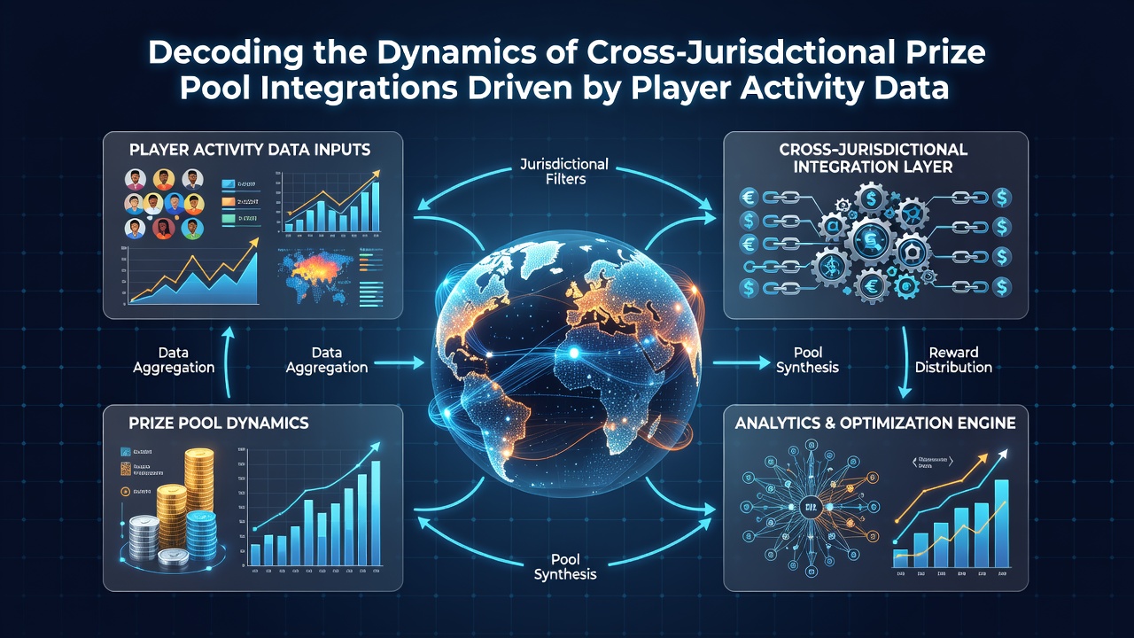Diagram showing real-time player activity metrics feeding into cross-jurisdictional jackpot synchronization processes