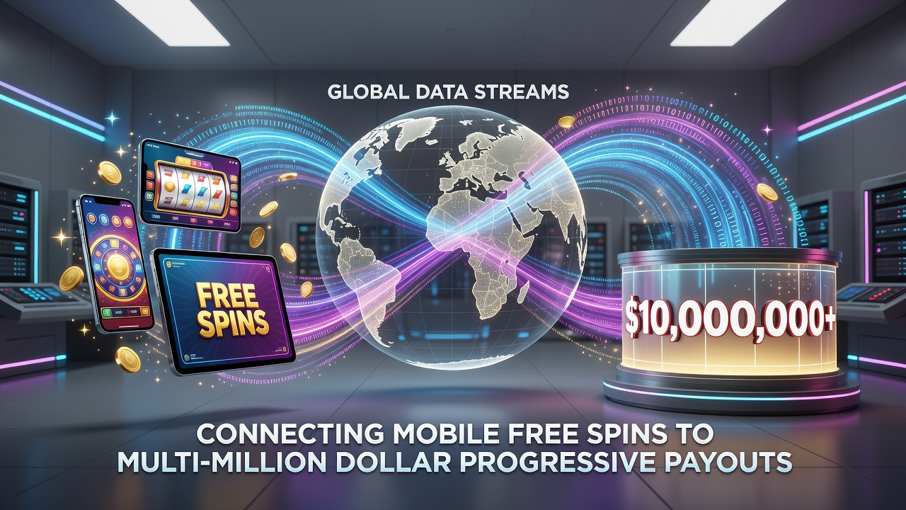 Server room visualization with data streams flowing into a central progressive jackpot display