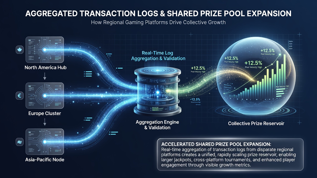 Illustration of regional gaming servers connected through secure log aggregation pathways leading to expanding shared prize pools
