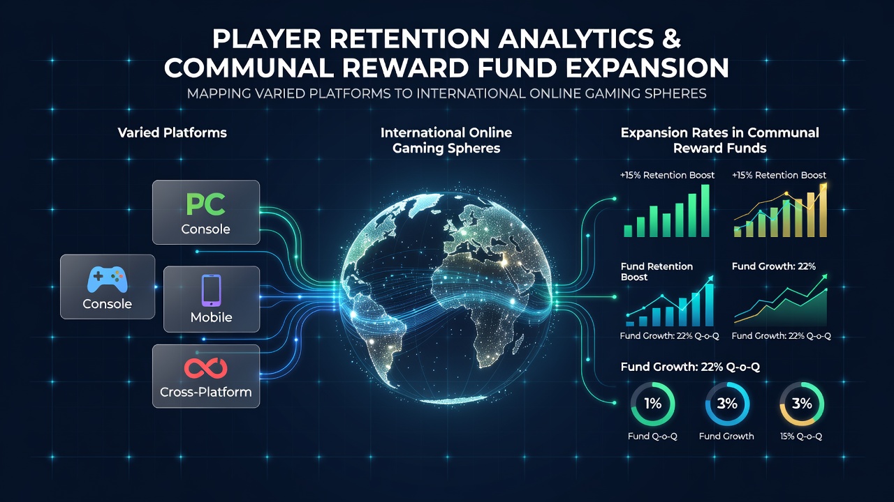 Analytics dashboard displaying player retention metrics across mobile, desktop, and console platforms linked to communal reward fund growth