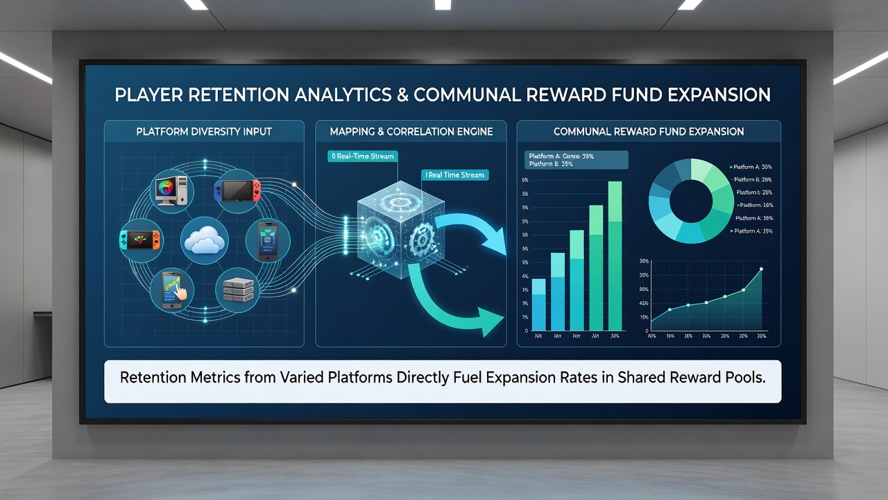Global map overlay showing retention analytics flowing into communal reward fund expansion across international gaming markets