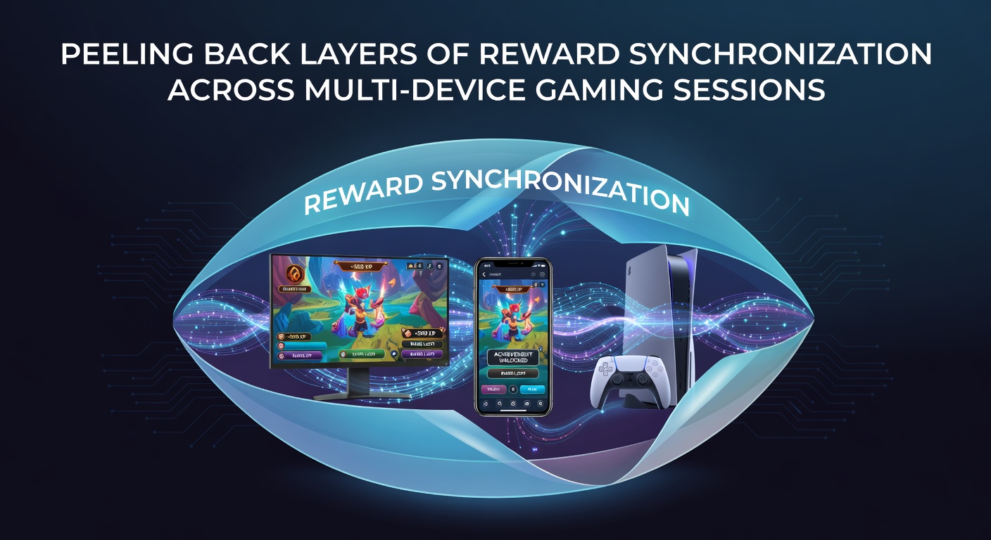 Multi-device gaming setup showing synchronized rewards on mobile tablet and desktop screens
