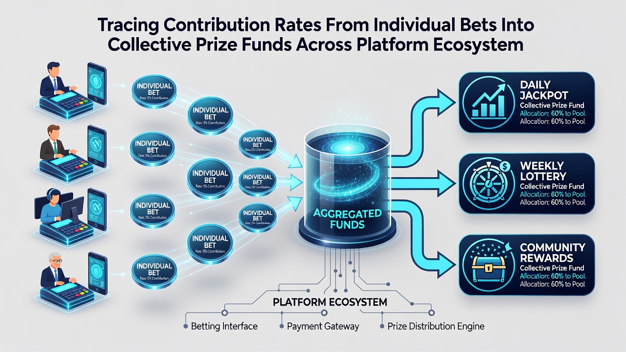 Illustration of interconnected gaming platforms routing bet contributions to a central prize fund