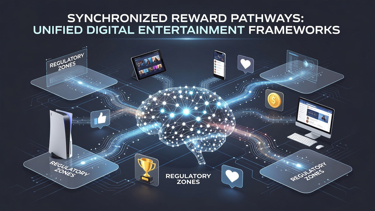Diagram showing interconnected digital reward pathways across multiple devices and regulatory regions in entertainment networks